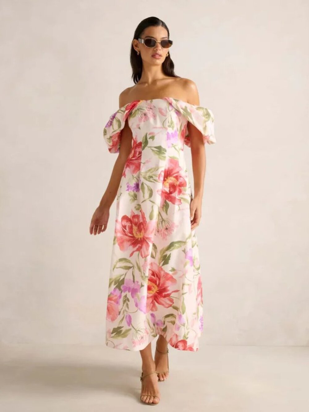 EVERNEW Janie Floral Off Shoulder Puff Sleeve Midi Dress - Size 4 - Picture 2 of 6